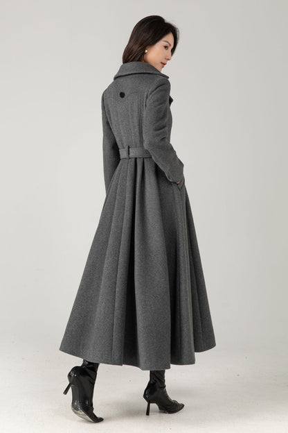 Double breasted long gray winter warm wool coat C5345
