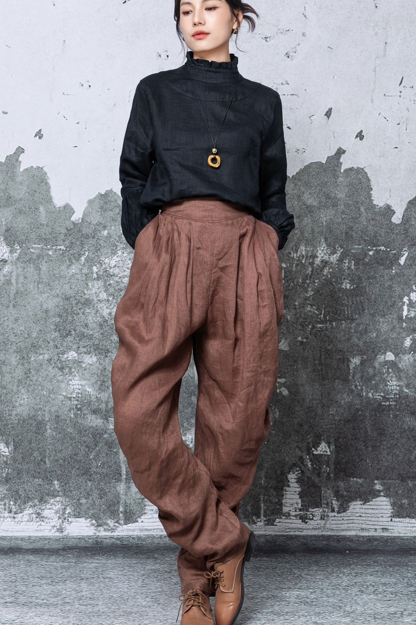 Brown Linen Harem Pants - High Waisted Wide Leg Relaxed Fit c5462