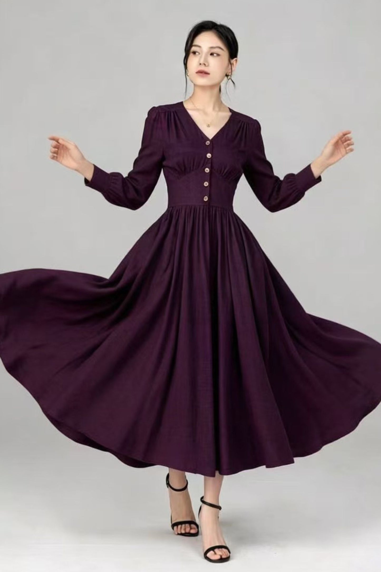 Red Linen Midi Dress - Button Front, V-Neck, Long Sleeve c5516