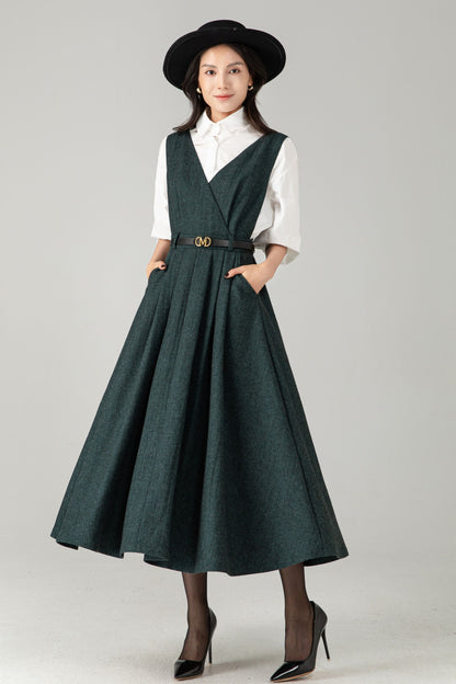 Dark Green Wool Blend Midi Pinafore Dress for Women – Sleeveless V-Neck Winter Jumper with Belt, Ylistyle C5339