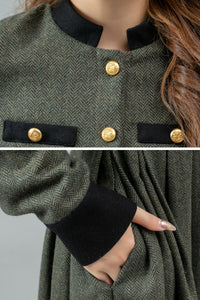 Button front army green winter wool dress C4441