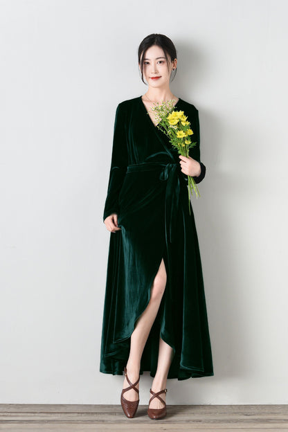 Long Velvet Wrap Dress with Belt C4695