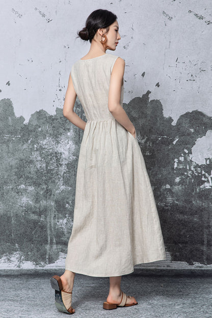 Natural Linen Maxi Dress - Sleeveless A-Line with Smocked Waist c5468