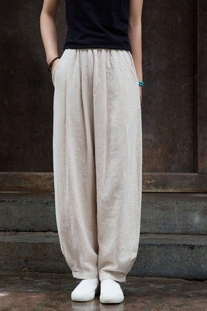 Orange Cotton Linen Lantern Pants - High Waist Wide Leg Comfort L0611
