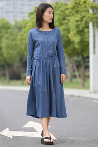 Blue Waist Drawstring Loose Dress C267