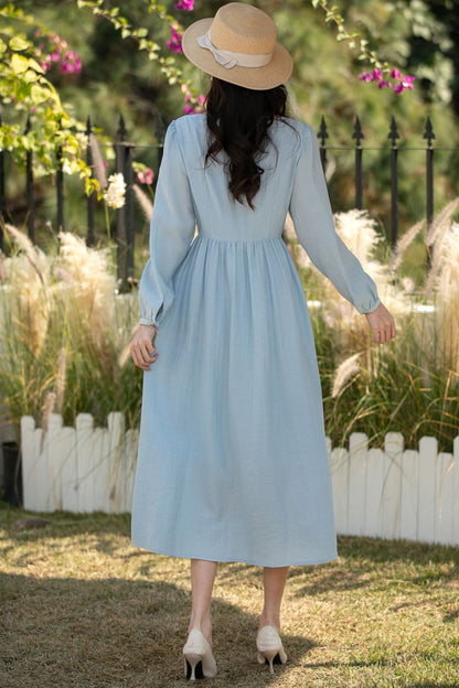 Blue Linen Midi Dress: Square Neck Long Sleeve Button Front A-Line Dress, Ylistyle C5442