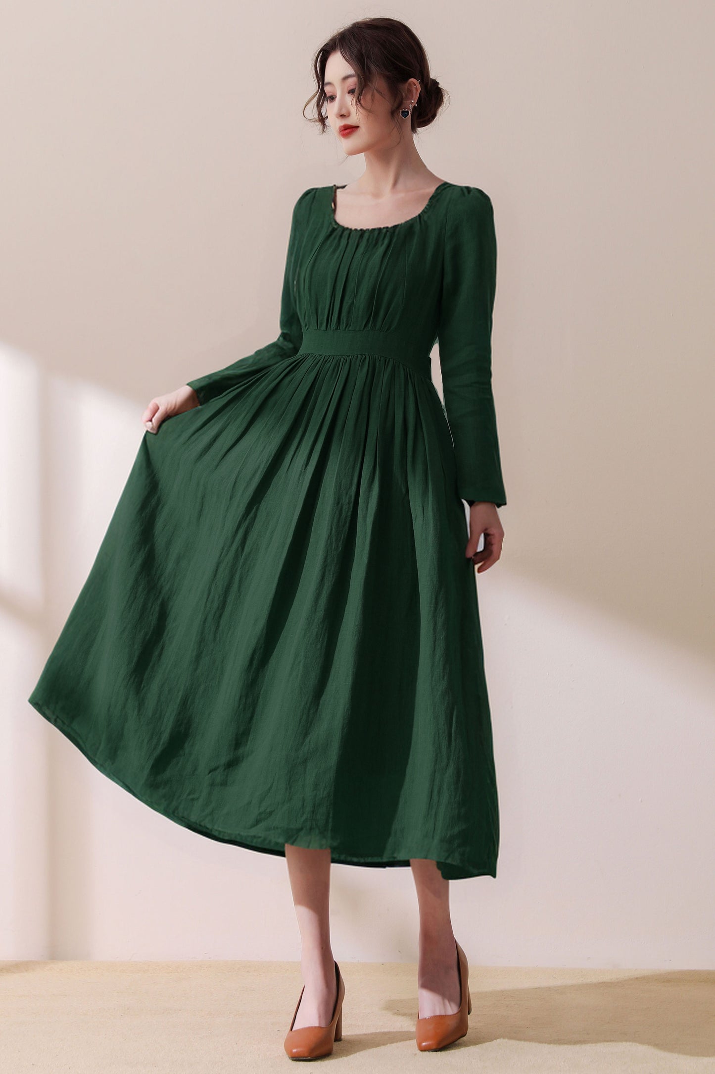 Spring Green Linen Midi Dress C3954