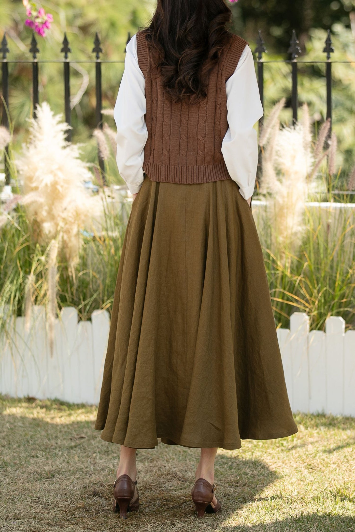 Army Green Linen Maxi Skirt: High Waist Button Front A-Line Swing Skirt, Ylistyle C5444