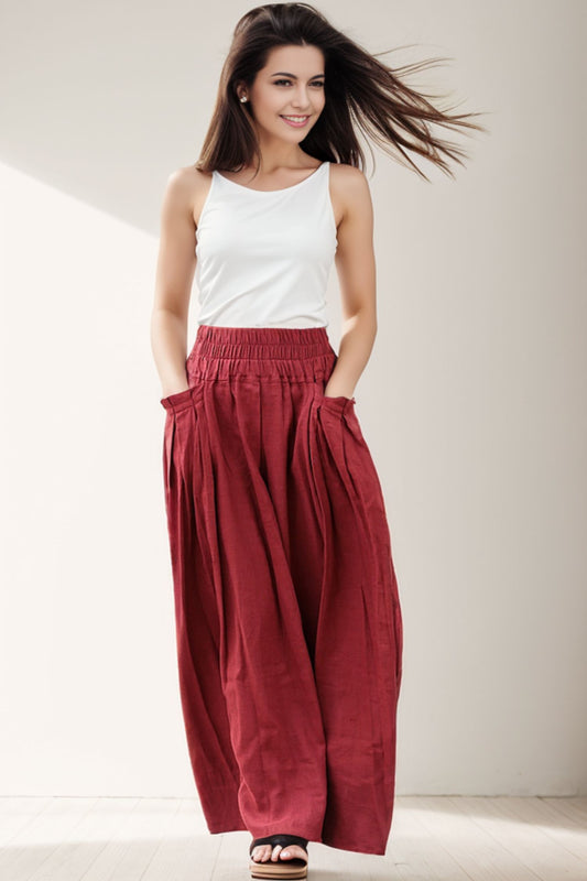 Red maxi linen womens skirt with elastic waist C286