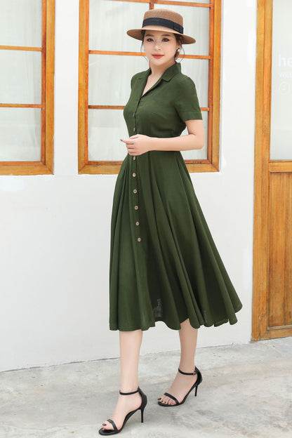 Green Linen Summer Shirt dress c4833