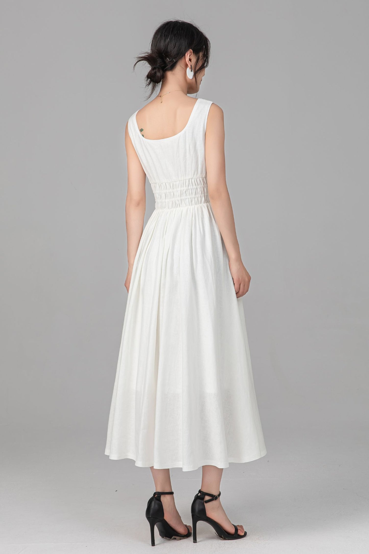 Off White Linen Midi Dress - Sleeveless Square Neck A-Line Silhouette C5525