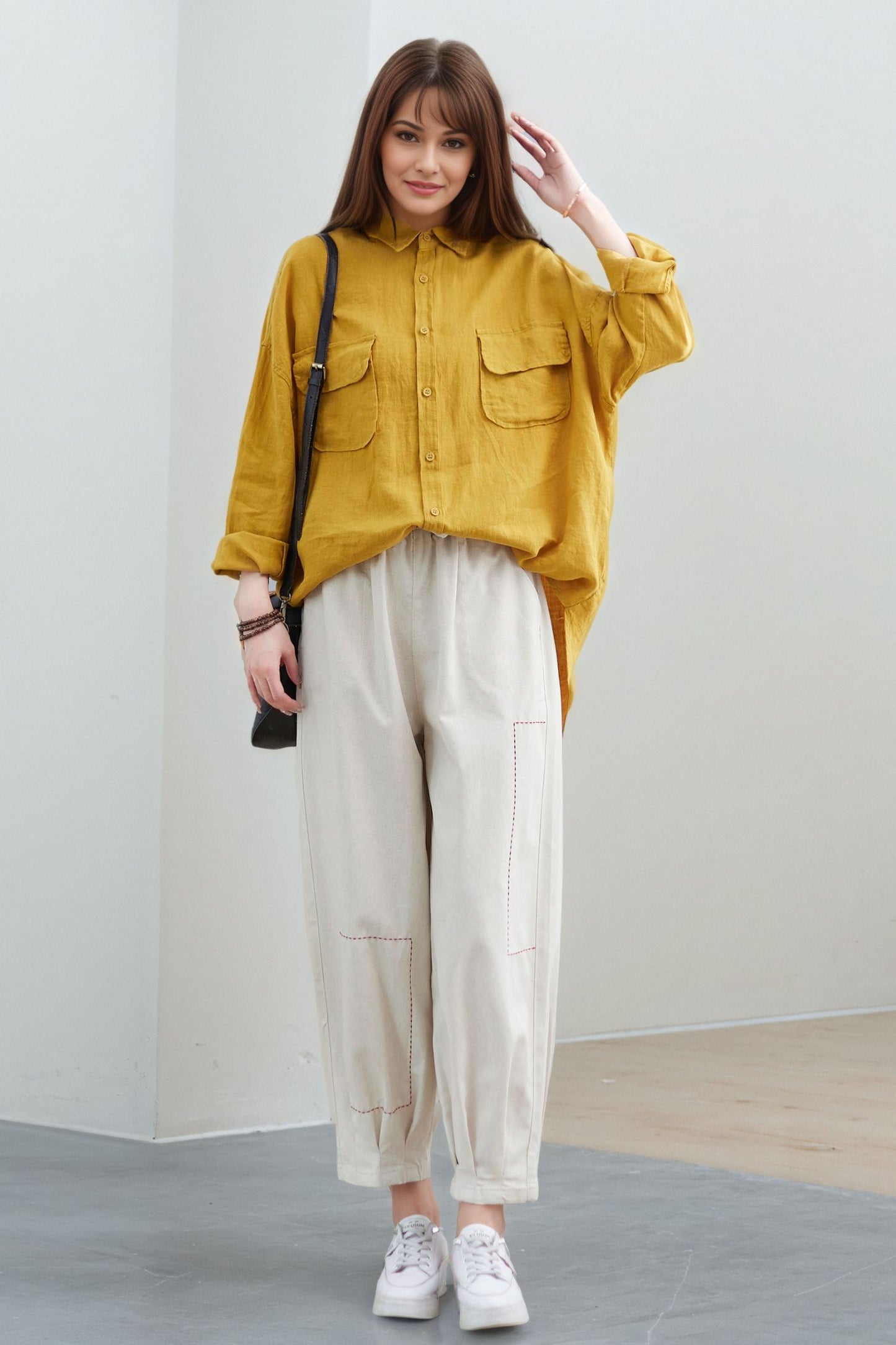 Yellow Linen Oversized Blouse: Women’s Button-Up Shirt with Patch Pockets, Ylistyle C5322