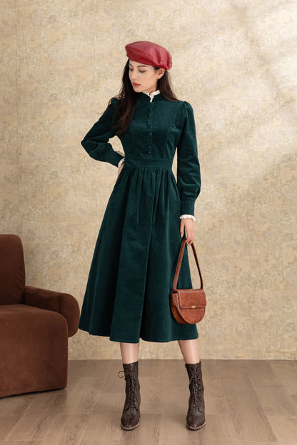 Green Corduroy Midi Dress C4464