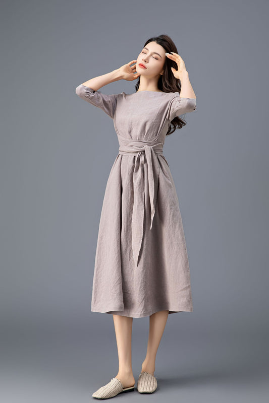 Women's Grey Linen belted Dress C3915