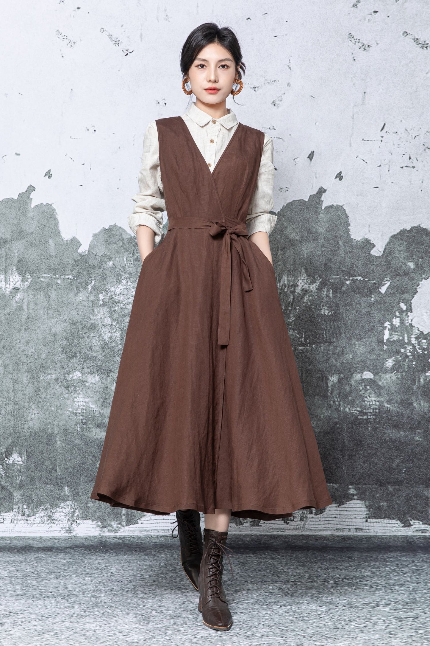 Brown Linen Wrap Midi Dress - Sleeveless V-Neck Tie Waist c5476
