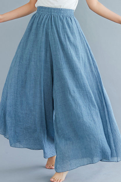 Dark Blue Cotton Linen Wide-Leg Pants - Elastic Waist, Lined TT0053