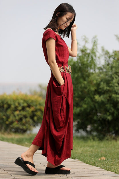 Linen Summer red womens asymmetrica dress C255