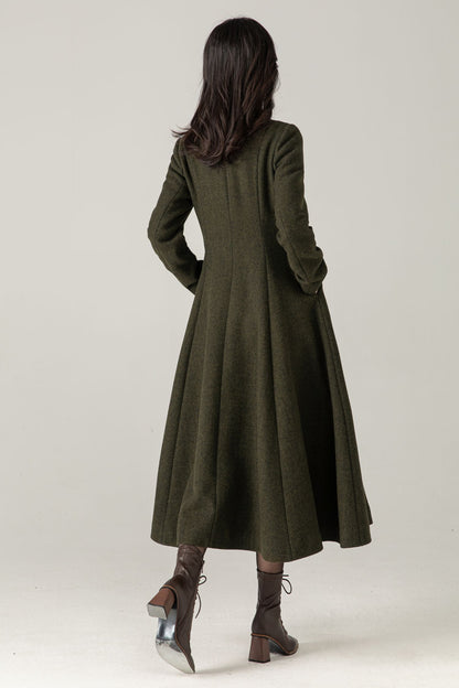 Olive Green Wool Blend Maxi Coat - Fit and Flare with Asymmetric Collar 5373