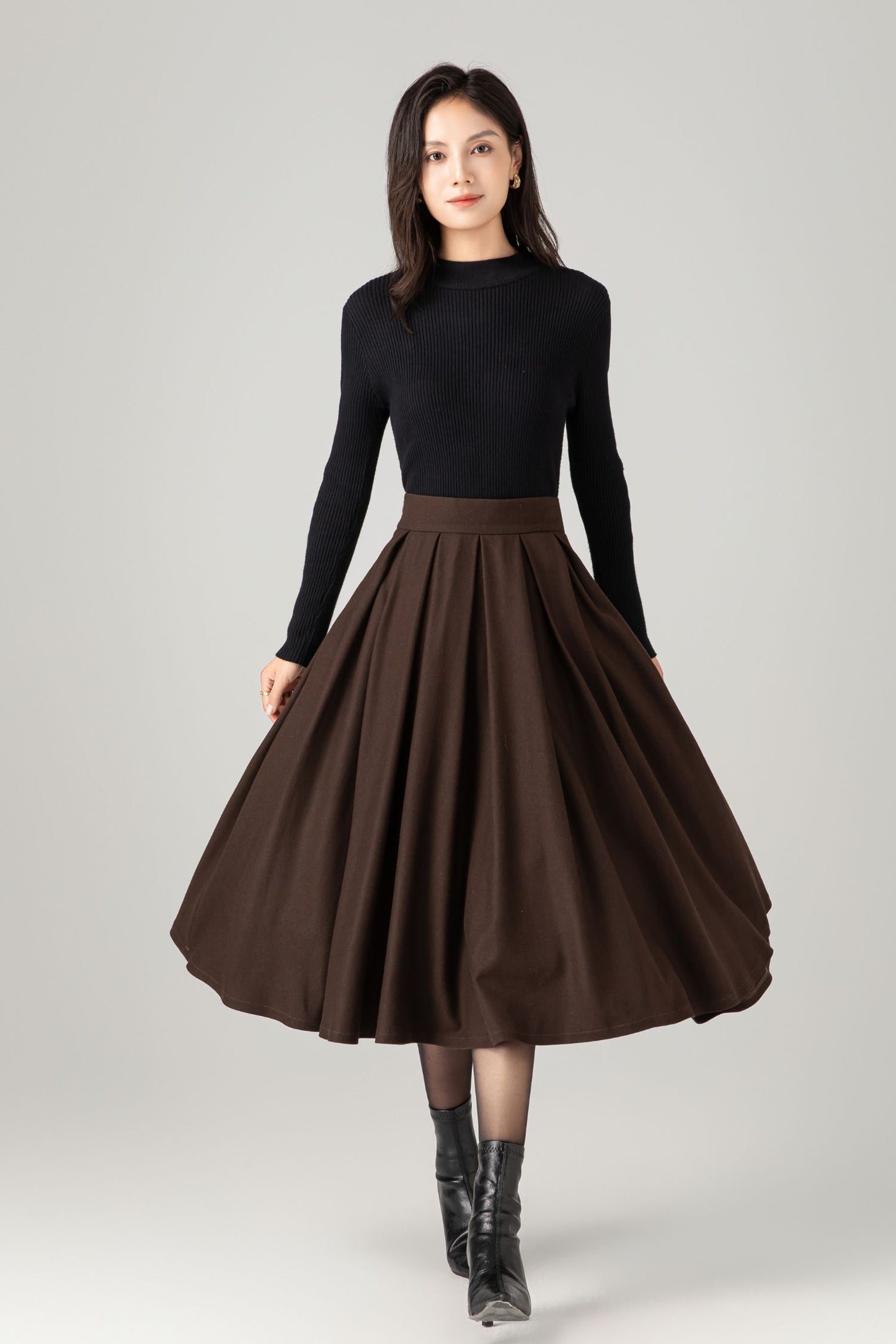 Pleated winter a line wool skirt women C5275