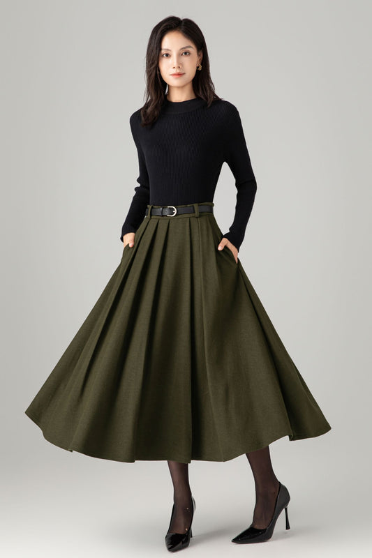 Army green midi winter wool skirt C5276