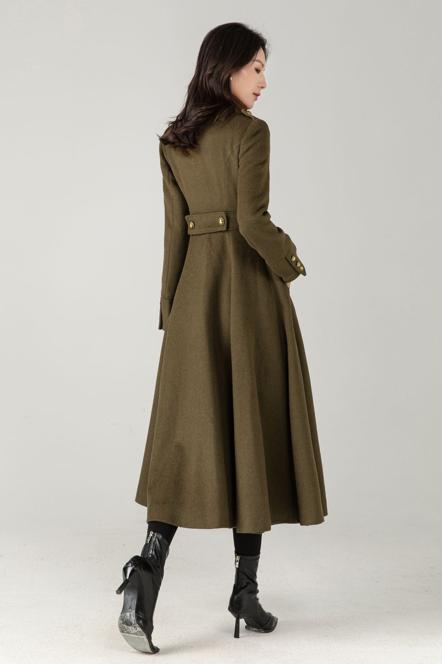 Green Wool Maxi Trench Coat: Double Breasted Long Winter Overcoat C5344