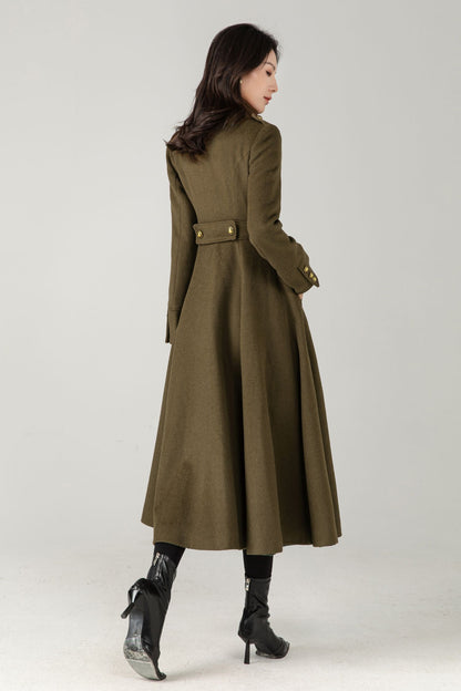 Green Wool Maxi Trench Coat: Double Breasted Long Winter Overcoat C5344