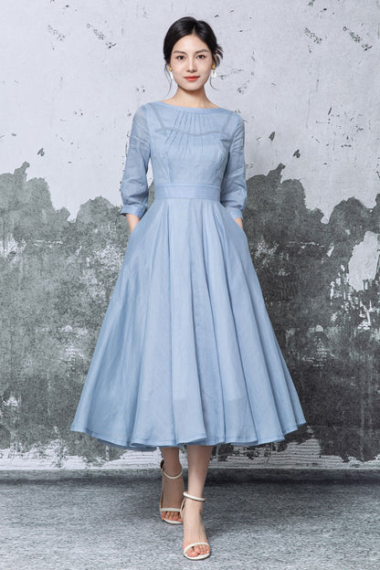 Blue Linen Midi Dress - Pleated Neckline Swing Silhouette c5475