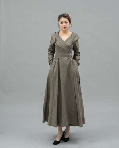 Elegant Hooded Long Linen jackets C5457