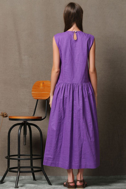 Purple Linen Dress - Loose-Fitting Fit and Flare Sleeveless Womens Dress with Pockets C541