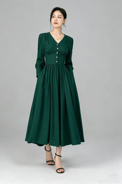 Red Linen Midi Dress - Button Front, V-Neck, Long Sleeve c5516