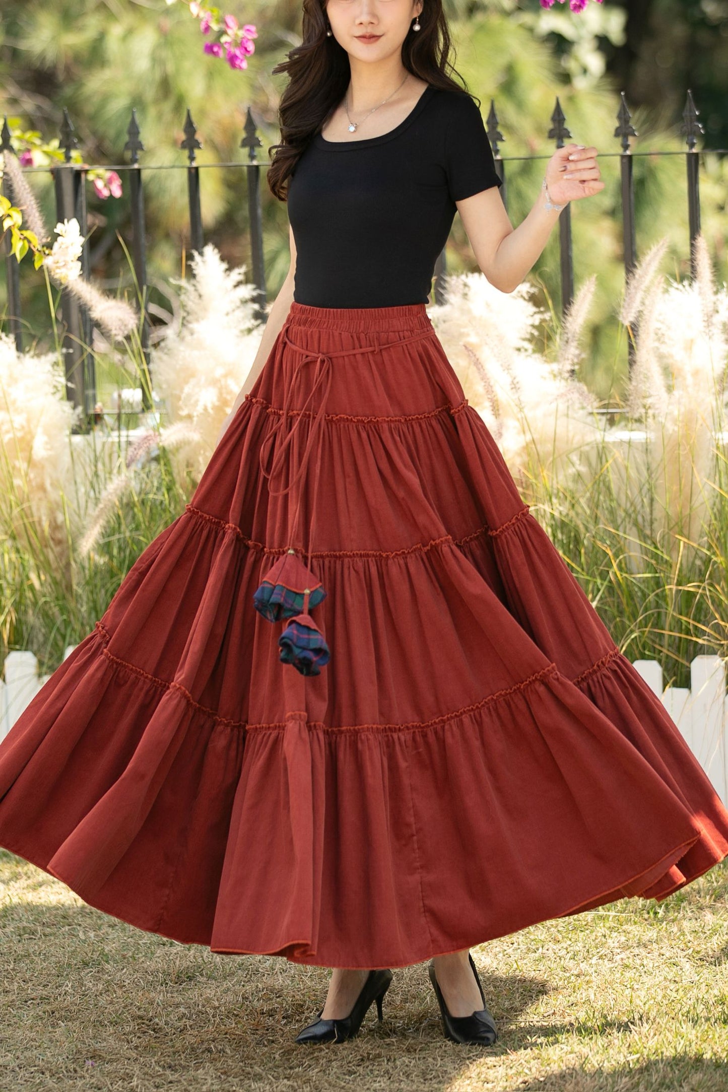 Rust Corduroy Tiered Maxi Skirt – Elastic Waist Boho Pleated Skirt C5436