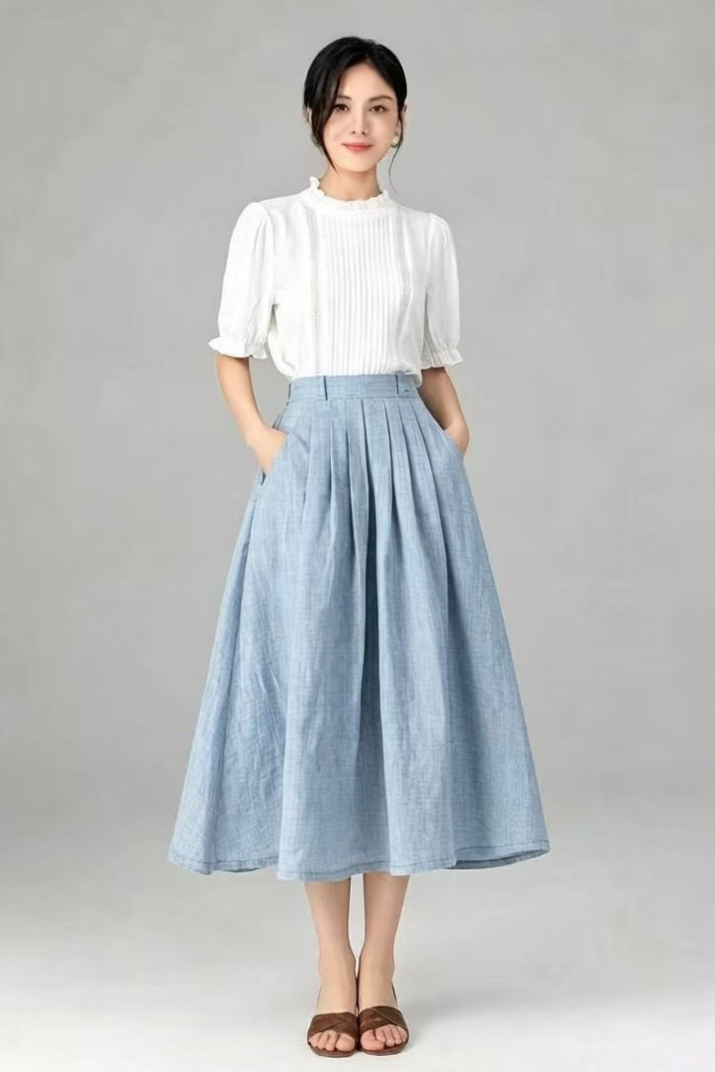 Beige Linen A-Line Midi Skirt with Pockets - Pleated & Comfortable C5520