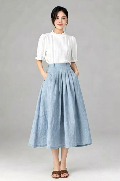 Beige Linen A-Line Midi Skirt with Pockets - Pleated & Comfortable C5520