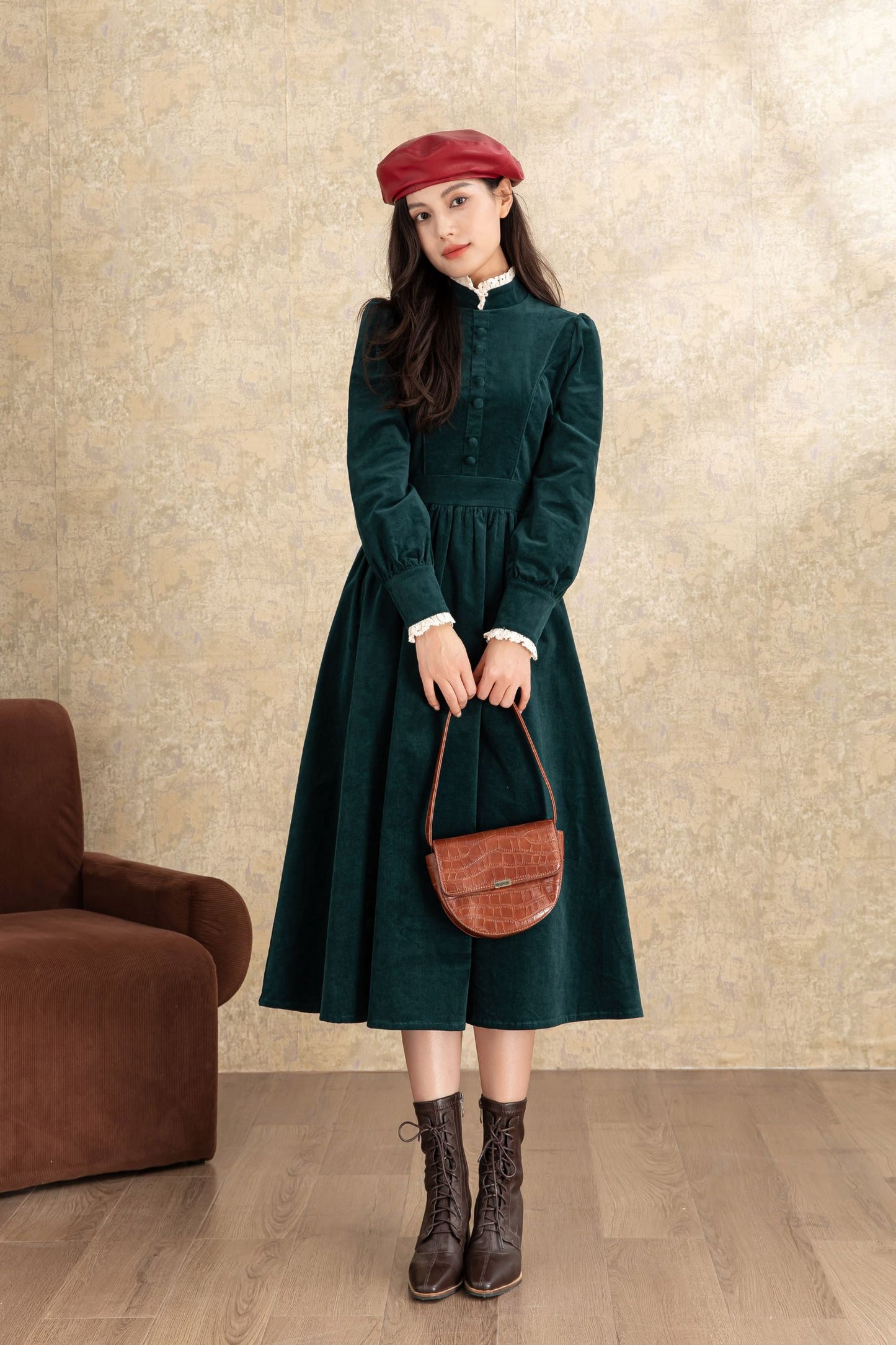 Green Corduroy Midi Dress C4464