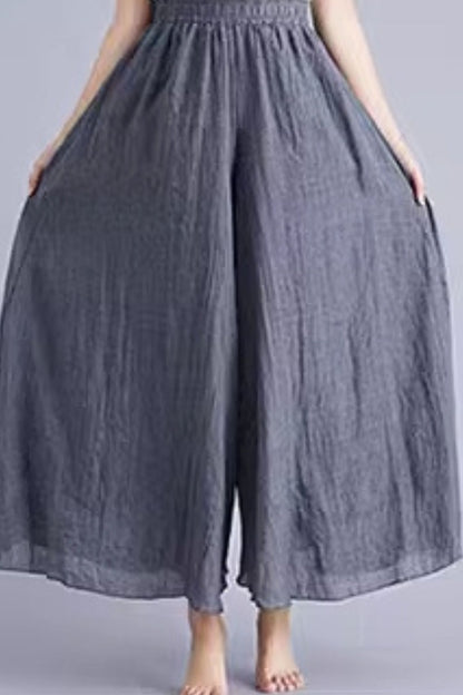 Dark Blue Cotton Linen Wide-Leg Pants - Elastic Waist, Lined TT0053