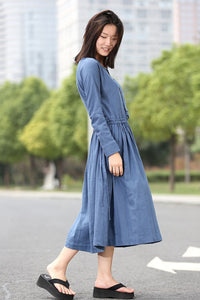 Blue Waist Drawstring Loose Dress C267