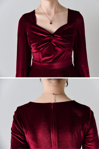 Elegant Burgundy Velvet Long Dress C4699