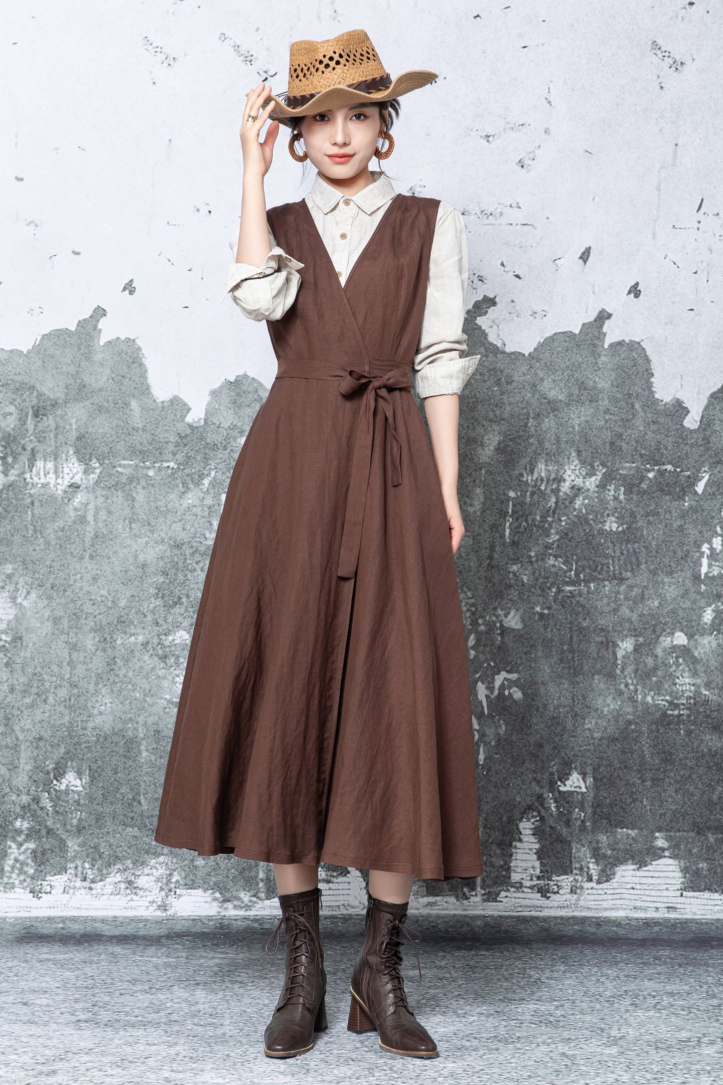 Brown Linen Wrap Midi Dress - Sleeveless V-Neck Tie Waist c5476
