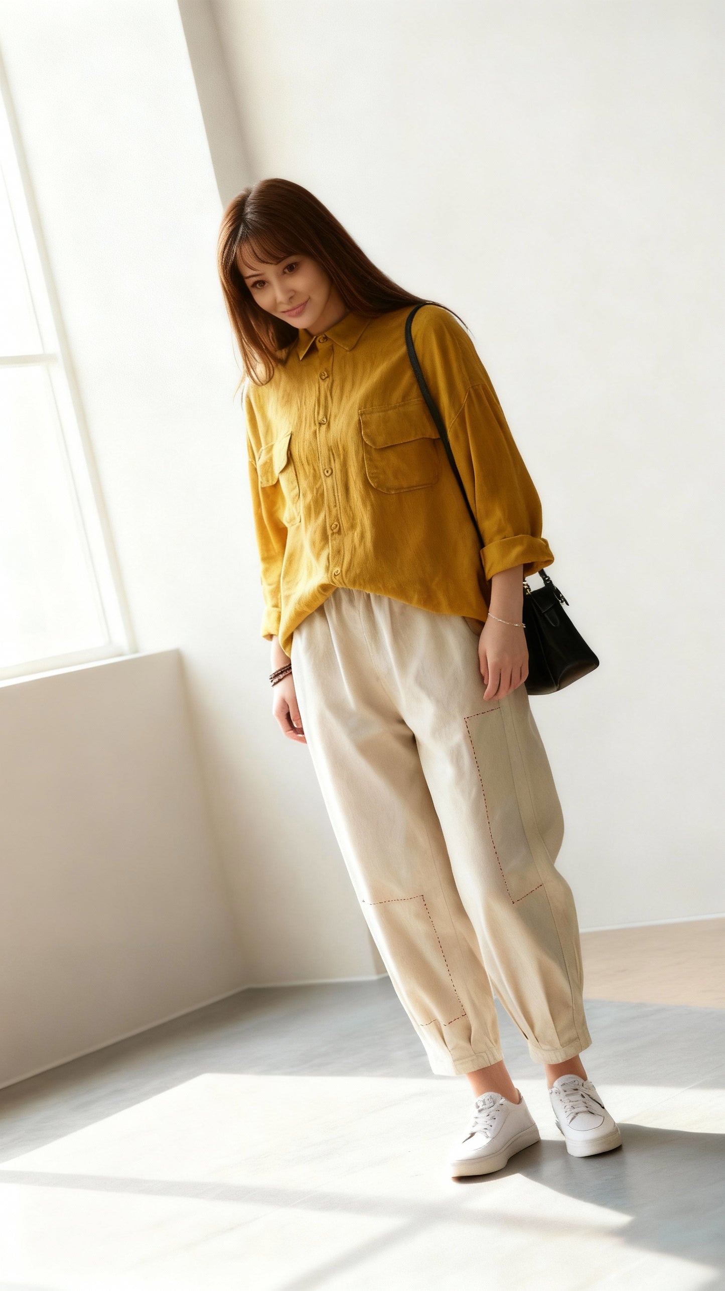 Yellow Linen Oversized Blouse: Women’s Button-Up Shirt with Patch Pockets, Ylistyle C5322