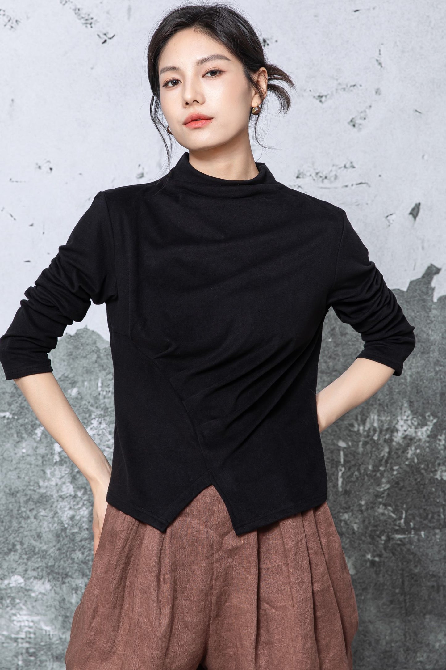 Black Cotton Blouse - Long Sleeve Mock Neck with Asymmetric Hem c5463