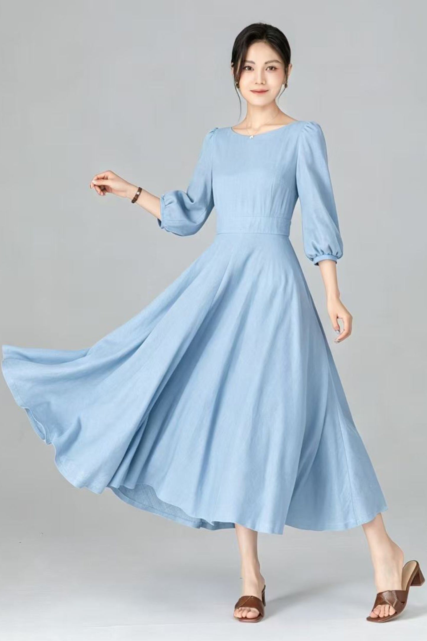 Navy Linen Cotton Midi Dress - A-Line Swing Dress with Boat Neck c5513