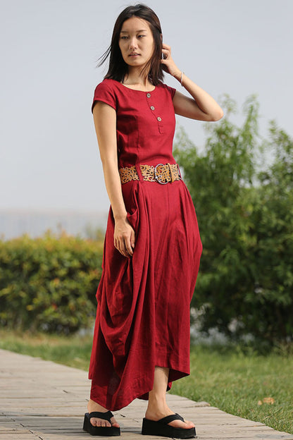 Linen Summer red womens asymmetrica dress C255
