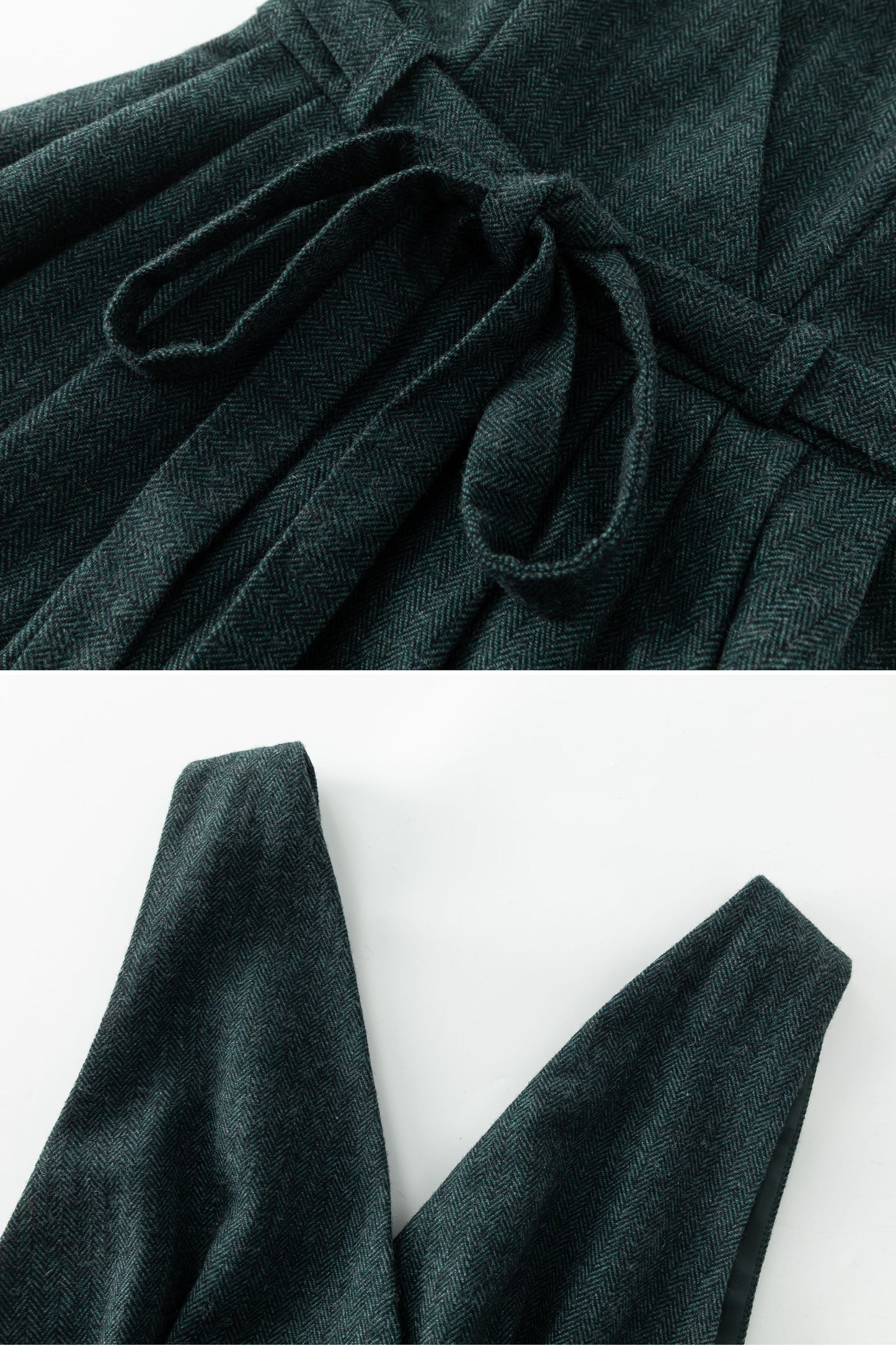 Dark Green Wool Blend Midi Pinafore Dress for Women – Sleeveless V-Neck Winter Jumper with Belt, Ylistyle C5339