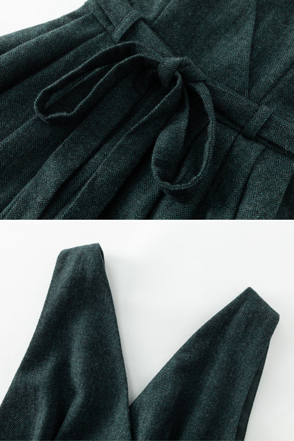 Dark Green Wool Blend Midi Pinafore Dress for Women – Sleeveless V-Neck Winter Jumper with Belt, Ylistyle C5339