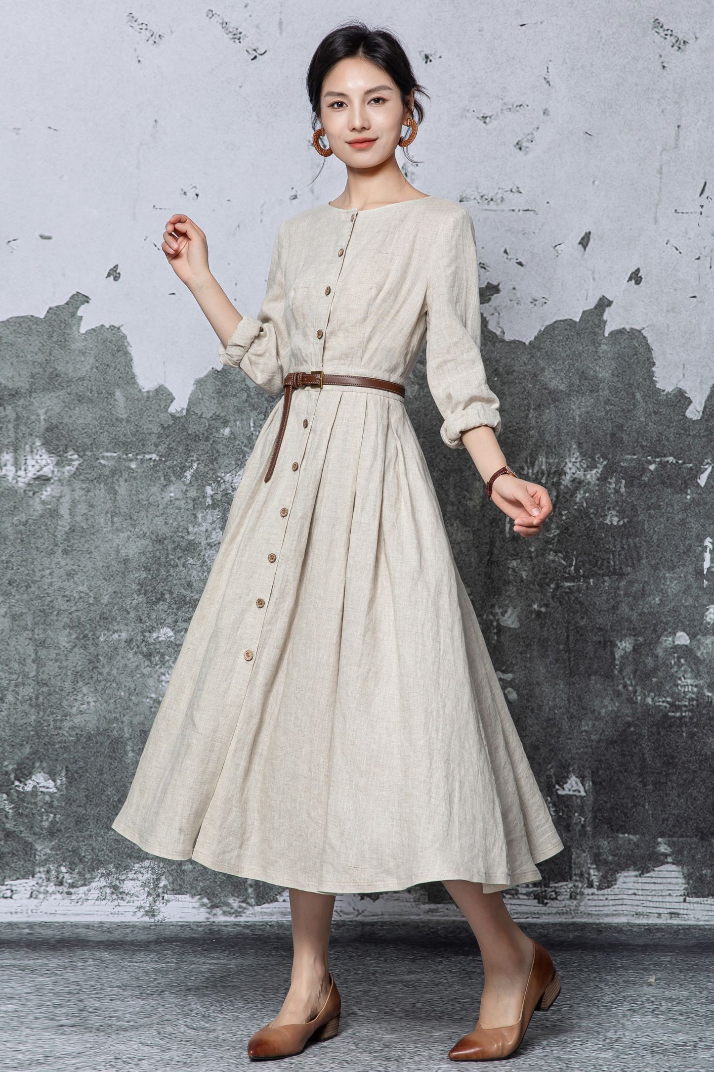 Beige Linen Midi Dress - Button Front Pleated A-Line Silhouette c5469