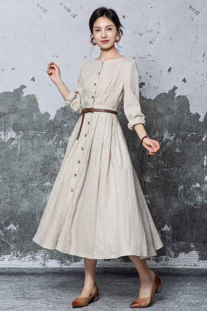 Beige Linen Midi Dress - Button Front Pleated A-Line Silhouette c5469