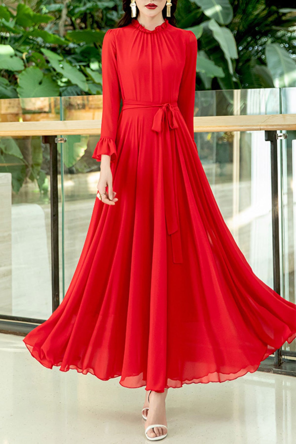 red formal dress with sleeves Chiffon Long Flowy Silhouette and Long Red / L Collection: MODEST