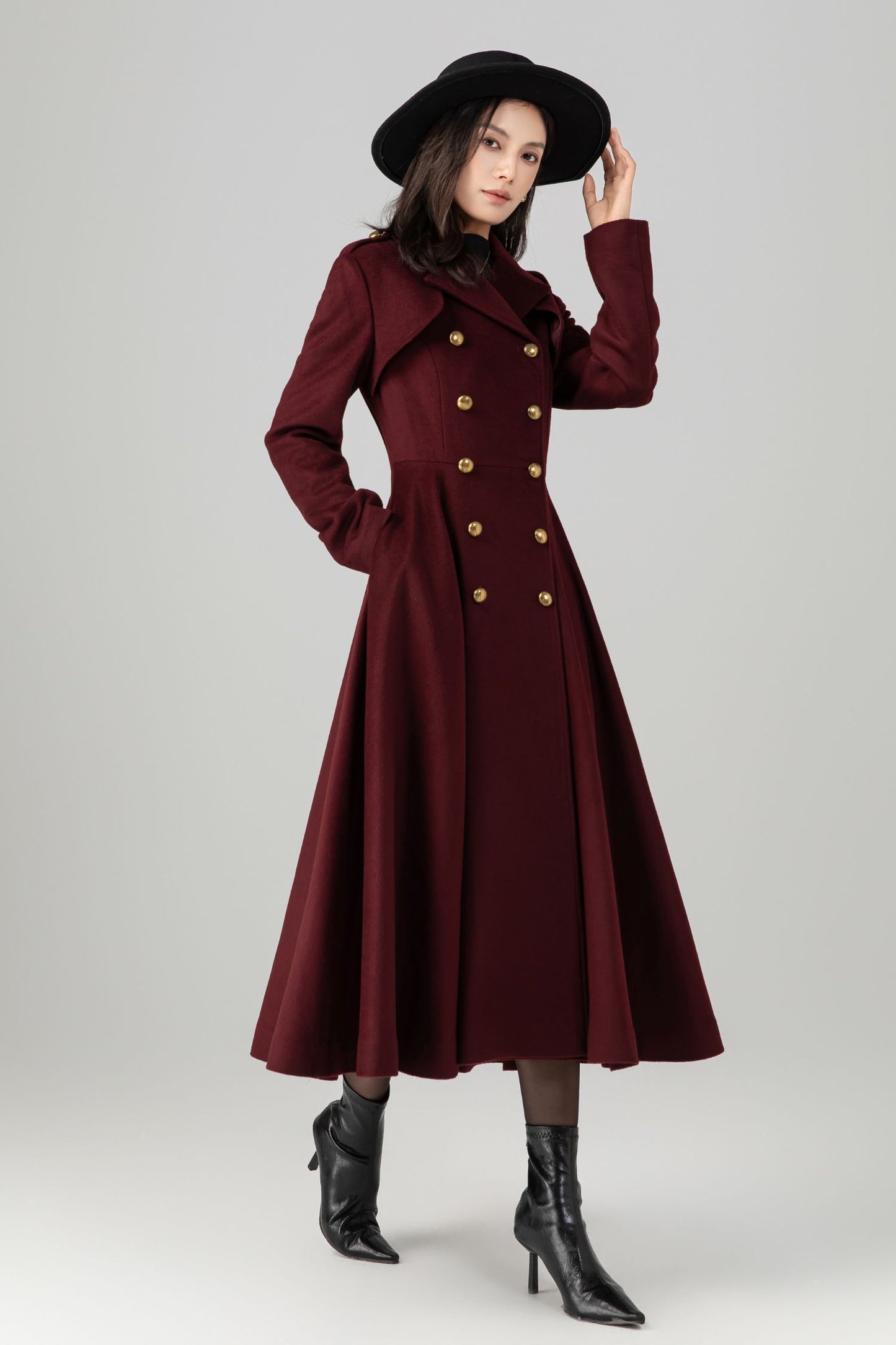 Burgundy winter long warm wool coat C5271