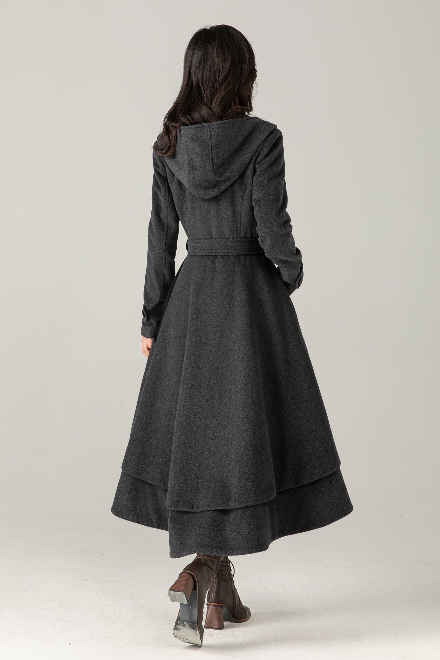 Gray Hooded Wool Blend Coat: Belted High-Low Maxi Swing Winter Overcoat, Ylistyle C5374
