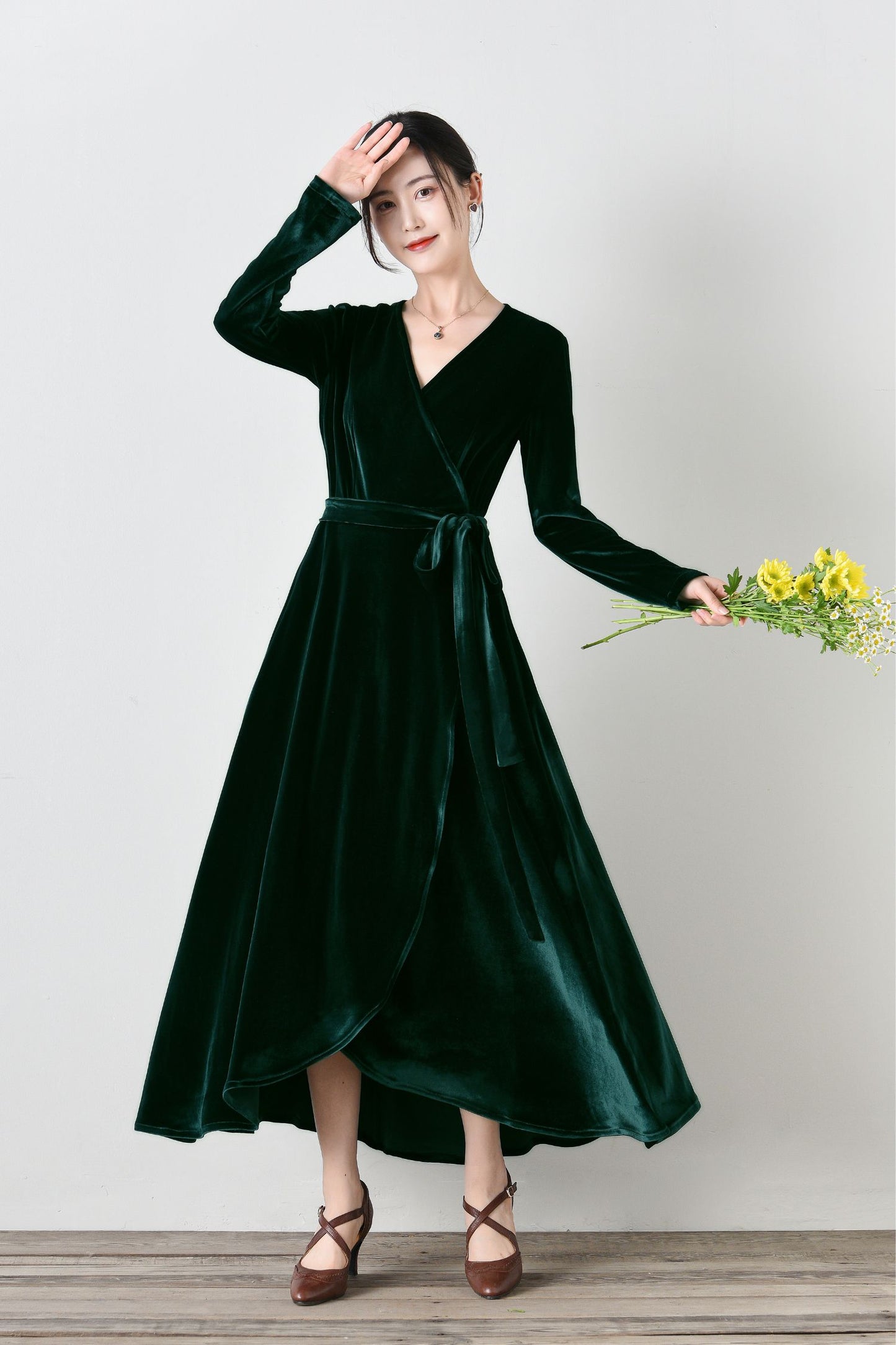 Long Velvet Wrap Dress with Belt C4695